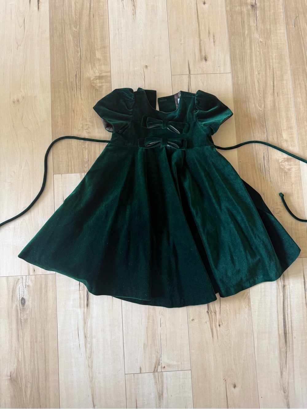 Vintage Neiman Marcus Velvet Green Girls Party Dress with Bow Accents